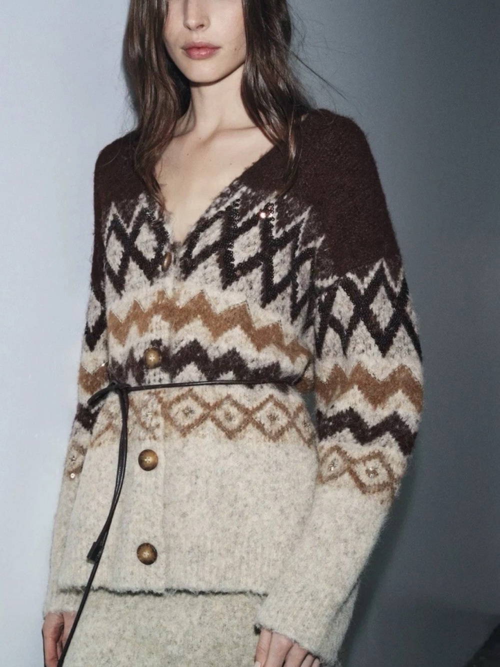 NWT Zara Sequined Jacquard Brown and Cream Knit Cardigan With Belt Size Large L